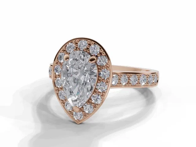 Diamond Halo Engagement Ring<br />Grain-Set Diamond Band<br/>Certified Pear Shape Diamond<br />100% Recycled, Hallmarked 18ct. Rose Gold Diamond Halo Engagement Ring<br />Grain-Set Diamond Band<br/>Certified Pear Shape Diamond<br />100% Recycled, Hallmarked 18ct. Rose Gold