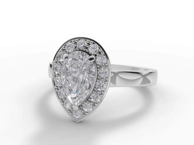 Diamond Halo Engagement Ring Plain Polish Band Certified Pear Shape Diamond 100% Recycled, Hallmarked 18ct. White Gold