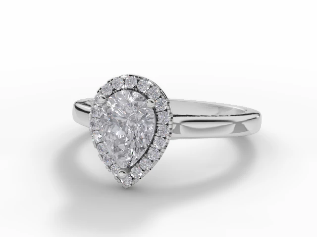 Diamond Halo Engagement Ring Plain Polish Band Certified Pear Shape Diamond 100% Recycled, Hallmarked 18ct. White Gold