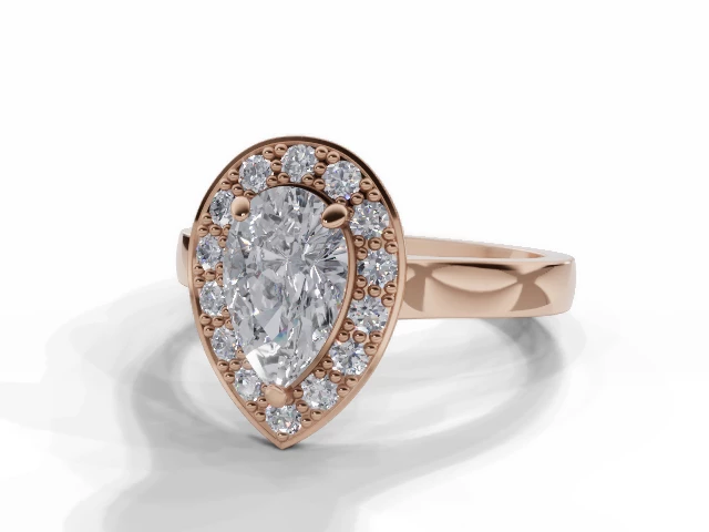 Diamond Halo Engagement Ring Plain Polish Band Certified Pear Shape Diamond 100% Recycled, Hallmarked 18ct. Rose Gold