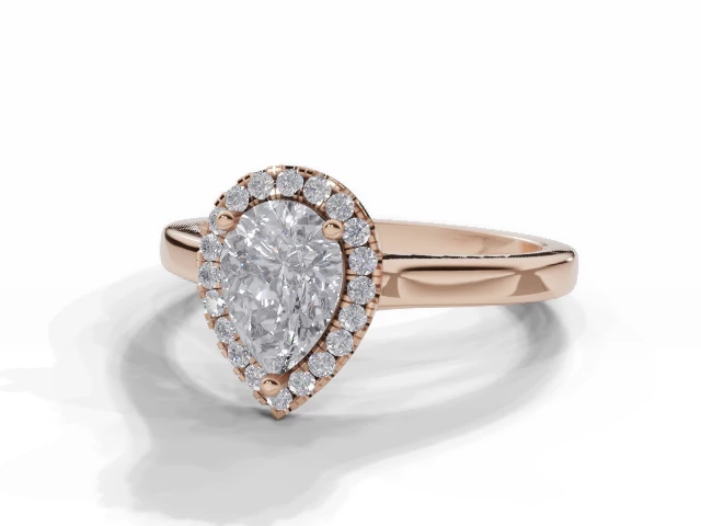 Diamond Halo Engagement Ring Plain Polish Band Certified Pear Shape Diamond 100% Recycled, Hallmarked 18ct. Rose Gold