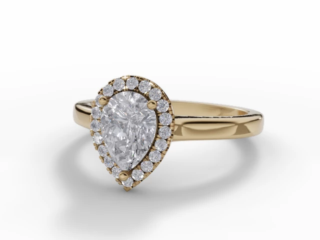 Diamond Halo Engagement Ring Plain Polish Band Certified Pear Shape Diamond 100% Recycled, Hallmarked 18ct. Yellow Gold