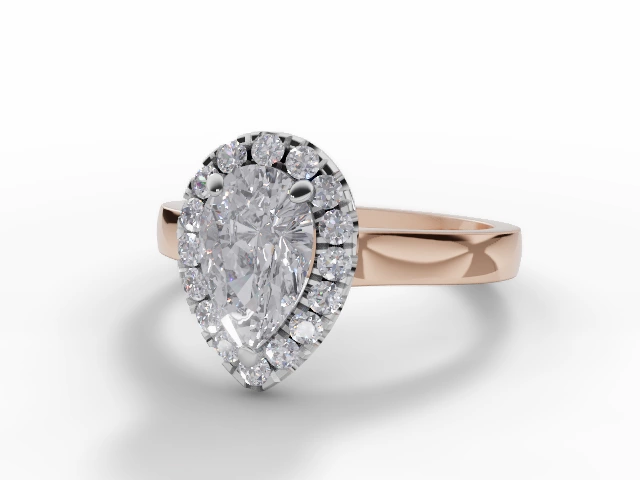 Diamond Halo Engagement Ring Plain Polish Band Certified Pear Shape Diamond 100% Recycled, Hallmarked 18ct. Rose Gold