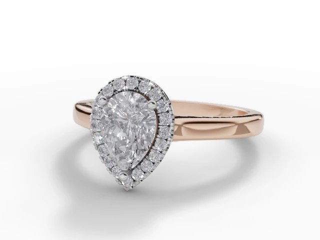 Diamond Halo Engagement Ring Plain Polish Band Certified Pear Shape Diamond 100% Recycled, Hallmarked 18ct. Rose Gold