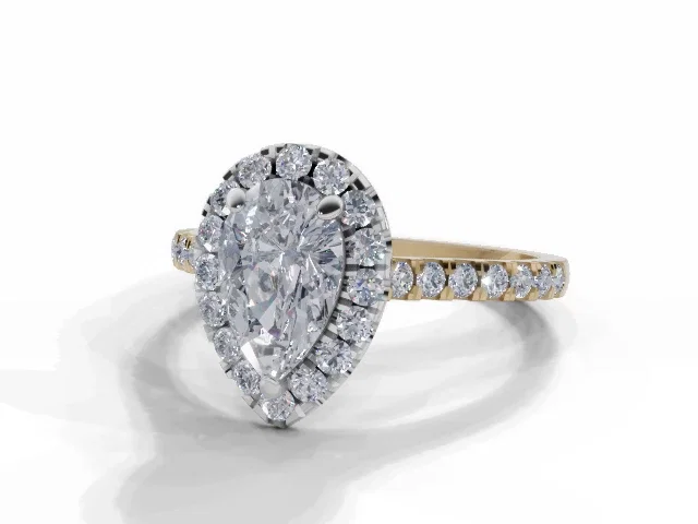 Diamond Halo Engagement Ring<br />Micro Pavé Diamond-Set Band<br/>Certified Pear-Shape Diamond<br />100% Recycled, Hallmarked 18ct. Yellow and White Gold Diamond Halo Engagement Ring<br />Micro Pavé Diamond-Set Band<br/>Certified Pear-Shape Diamond<br />100% Recycled, Hallmarked 18ct. Yellow and White Gold