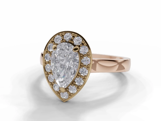 Diamond Halo Engagement Ring Plain Polish Band Certified Pear Shape Diamond 100% Recycled, Hallmarked 18ct. Rose Gold