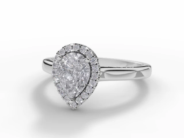 Diamond Halo Engagement Ring Plain Polish Band Certified Pear Shape Diamond 100% Recycled, Hallmarked 18ct. White Gold