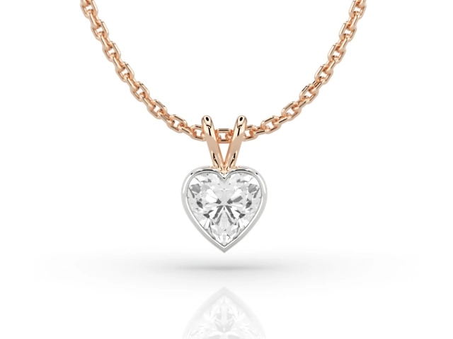 Bezel-Set Diamond Pendant with Heart-Shape Diamond 100% Recycled, Hallmarked 18ct. Rose Gold