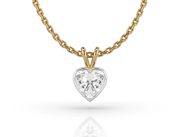 Bezel-Set Diamond Pendant with Heart-Shape Diamond 100% Recycled, Hallmarked 18ct. Yellow and White Gold