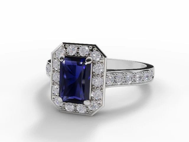 Blue Sapphire & Diamond Engagement Ring Grain-Set Diamond Band Radiant-Cut Coloured Stone 100% Recycled, Hallmarked Platinum