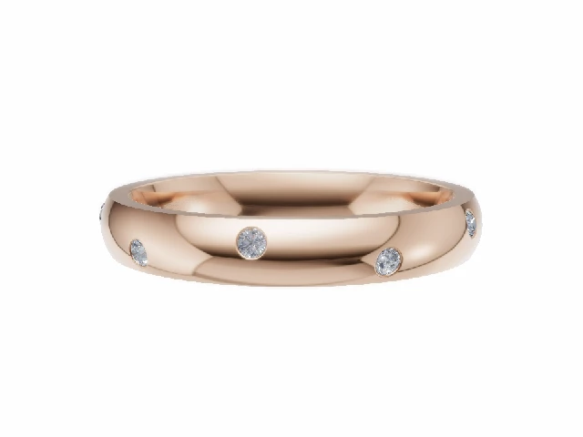 <strong>LUXURY</strong><br />3.0mm. Wide<br />Diamond Scatter Wedding Ring<br /> 0.10cts. Round Diamonds<br />100% Recycled, Hallmarked 18ct. Rose Gold