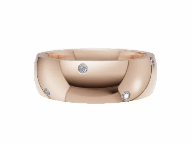 <strong>LUXURY</strong><br />6.0mm. Wide<br /><b>Domed Court</b><br />Diamond Scatter Wedding Ring<br /> 0.10cts. Round Diamonds<br />100% Recycled, Hallmarked 18ct. Rose Gold