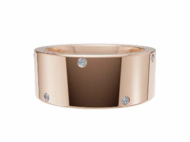 <strong>LUXURY</strong><br />8.0mm. Wide<br /><b>Flat-Court</b><br />Diamond Scatter Wedding Ring<br /> 0.10cts. Round Diamonds<br />100% Recycled, Hallmarked 18ct. Rose Gold