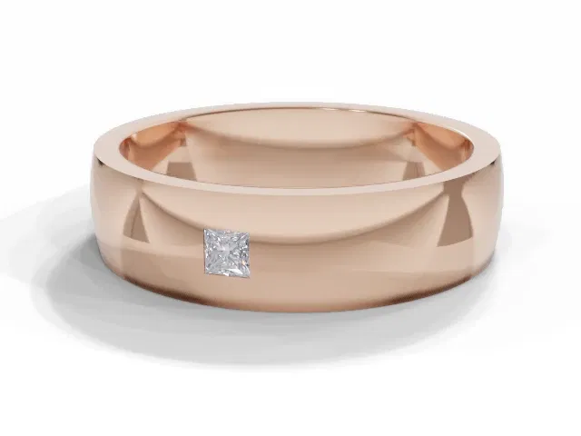 <strong>LUXURY</strong><br />5.0mm. Wide<br />Single Diamond Wedding Ring<br /> Princess-Cut Diamond<br />100% Recycled, Hallmarked 18ct. Rose Gold <strong>LUXURY</strong><br />5.0mm. Wide<br />Single Diamond Wedding Ring<br /> Princess-Cut Diamond<br />100% Recycled, Hallmarked 18ct. Rose Gold