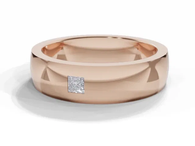 <strong>PREMIERE</strong><br />5.0mm. Wide<br />Single Diamond Wedding Ring<br /> Princess-Cut Diamond<br />100% Recycled, Hallmarked 18ct. Rose Gold <strong>PREMIERE</strong><br />5.0mm. Wide<br />Single Diamond Wedding Ring<br /> Princess-Cut Diamond<br />100% Recycled, Hallmarked 18ct. Rose Gold