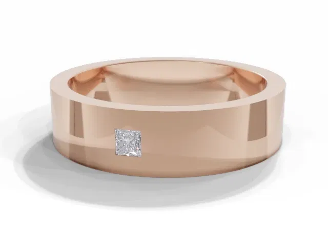 <strong>LUXURY</strong><br />5.0mm. Wide<br />Single Diamond Wedding Ring<br /> Princess-Cut Diamond<br />100% Recycled, Hallmarked 18ct. Rose Gold <strong>LUXURY</strong><br />5.0mm. Wide<br />Single Diamond Wedding Ring<br /> Princess-Cut Diamond<br />100% Recycled, Hallmarked 18ct. Rose Gold