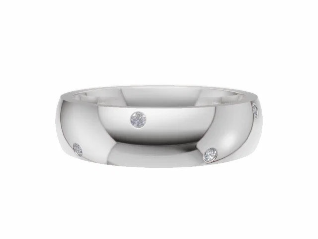 <strong>LUXURY</strong><br />5.0mm. Wide<br /><b>Domed Court</b><br />Diamond Scatter Wedding Ring<br /> 0.10cts. Round Diamonds<br />100% Recycled, Hallmarked 18ct. White Gold