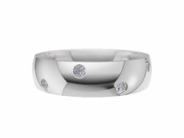 <strong>LUXURY</strong><br />5.0mm. Wide<br /><b>Domed Court</b><br />Diamond Scatter Wedding Ring<br /> 0.10cts. Round Diamonds<br />100% Recycled, Hallmarked 18ct. White Gold