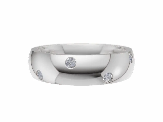 <strong>LUXURY</strong><br />5.0mm. Wide<br /><b>Domed Court</b><br />Diamond Scatter Wedding Ring<br /> 0.10cts. Round Diamonds<br />100% Recycled, Hallmarked 18ct. White Gold