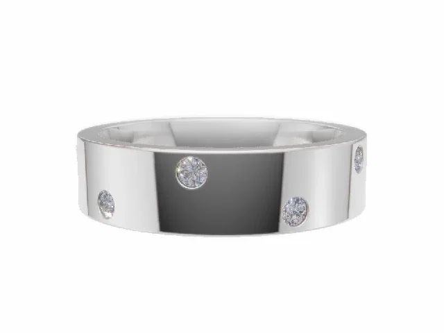 <strong>LUXURY</strong><br />5.0mm. Wide<br /><b>Flat-Court</b><br />Diamond Scatter Wedding Ring<br /> 0.10cts. Round Diamonds<br />100% Recycled, Hallmarked 18ct. White Gold