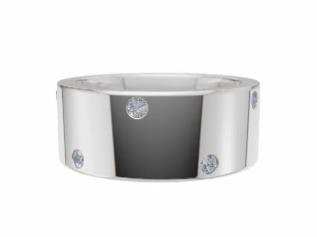 <strong>LUXURY</strong><br />8.0mm. Wide<br /><b>Flat-Court</b><br />Diamond Scatter Wedding Ring<br /> 0.10cts. Round Diamonds<br />100% Recycled, Hallmarked 18ct. White Gold