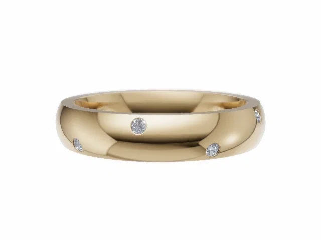<strong>LUXURY</strong><br />4.0mm. Wide<br /><b>Domed Court</b><br />Diamond Scatter Wedding Ring<br /> 0.10cts. Round Diamonds<br />100% Recycled, Hallmarked 18ct. Yellow Gold