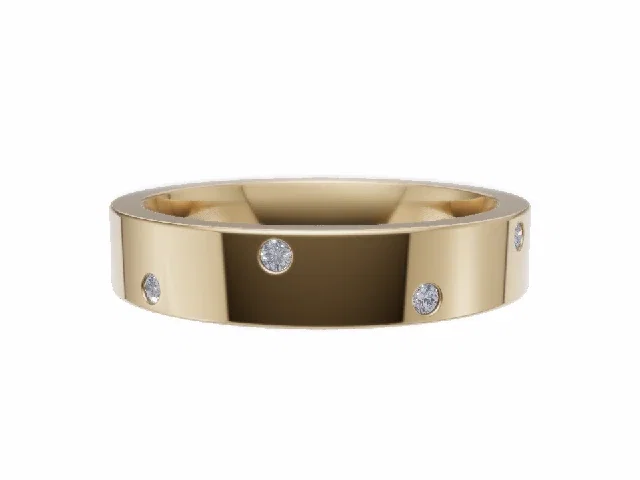 <strong>LUXURY</strong><br />4.0mm. Wide<br /><b>Flat-Court</b><br />Diamond Scatter Wedding Ring<br /> 0.10cts. Round Diamonds<br />100% Recycled, Hallmarked 18ct. Yellow Gold