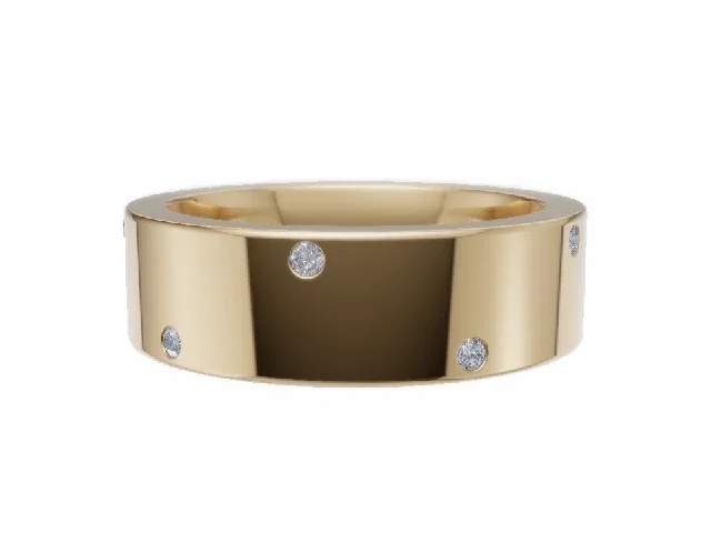 <strong>LUXURY</strong><br />6.0mm. Wide<br /><b>Flat-Court</b><br />Diamond Scatter Wedding Ring<br /> 0.10cts. Round Diamonds<br />100% Recycled, Hallmarked 18ct. Yellow Gold