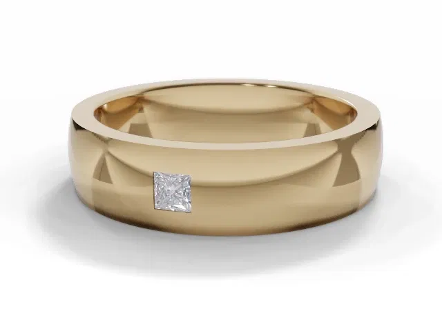 <strong>PREMIERE</strong><br />5.0mm. Wide<br />Single Diamond Wedding Ring<br /> Princess-Cut Diamond<br />100% Recycled, Hallmarked 18ct. Yellow Gold <strong>PREMIERE</strong><br />5.0mm. Wide<br />Single Diamond Wedding Ring<br /> Princess-Cut Diamond<br />100% Recycled, Hallmarked 18ct. Yellow Gold