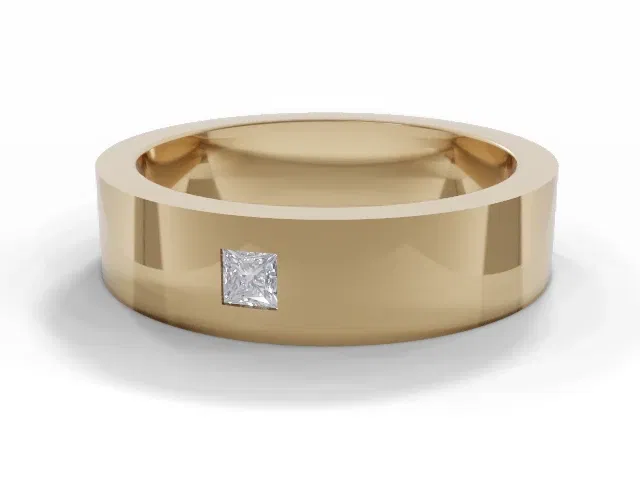 <strong>PREMIERE</strong><br />5.0mm. Wide<br />Single Diamond Wedding Ring<br /> Princess-Cut Diamond<br />100% Recycled, Hallmarked 18ct. Yellow Gold <strong>PREMIERE</strong><br />5.0mm. Wide<br />Single Diamond Wedding Ring<br /> Princess-Cut Diamond<br />100% Recycled, Hallmarked 18ct. Yellow Gold