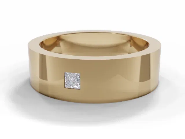 <strong>PREMIERE</strong><br />6.0mm. Wide<br />Single Diamond Wedding Ring<br /> Princess-Cut Diamond<br />100% Recycled, Hallmarked 18ct. Yellow Gold <strong>PREMIERE</strong><br />6.0mm. Wide<br />Single Diamond Wedding Ring<br /> Princess-Cut Diamond<br />100% Recycled, Hallmarked 18ct. Yellow Gold