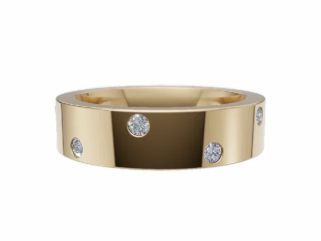 <strong>LUXURY</strong><br />5.0mm. Wide<br /><b>Flat-Court</b><br />Diamond Scatter Wedding Ring<br /> 0.10cts. Round Diamonds<br />100% Recycled, Hallmarked 18ct. Yellow Gold