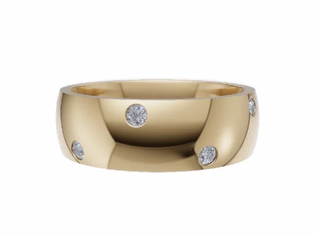 <strong>LUXURY</strong><br />6.0mm. Wide<br /><b>Domed Court</b><br />Diamond Scatter Wedding Ring<br /> 0.10cts. Round Diamonds<br />100% Recycled, Hallmarked 18ct. Yellow Gold