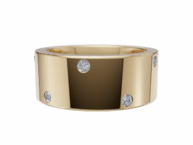 <strong>LUXURY</strong><br />8.0mm. Wide<br /><b>Flat-Court</b><br />Diamond Scatter Wedding Ring<br /> 0.10cts. Round Diamonds<br />100% Recycled, Hallmarked 18ct. Yellow Gold