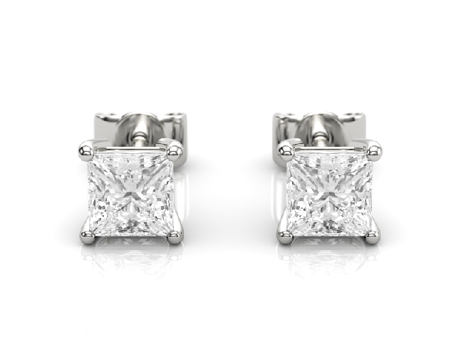 4-Claw Earrings Certified  Princess-Cut Diamonds 100% Recycled, Hallmarked Platinum