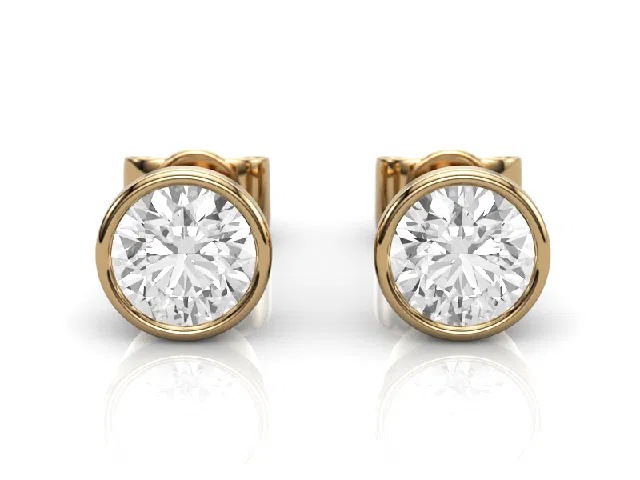Bezel Set Earrings Certified  Round Brilliant-Cut Diamonds 100% Recycled, Hallmarked 18ct. Yellow Gold