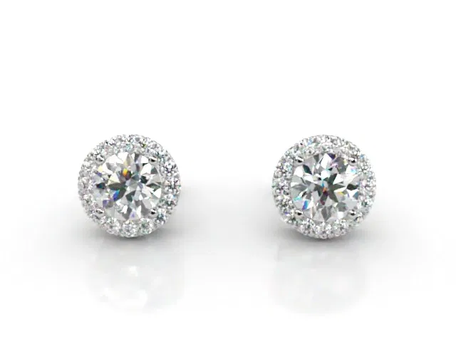 Halo Earrings<br /> Round Brilliant-Cut Diamonds<br />100% Recycled, Hallmarked Platinum Halo Earrings<br /> Round Brilliant-Cut Diamonds<br />100% Recycled, Hallmarked Platinum