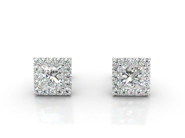 Halo Earrings Princess-Cut Diamonds 100% Recycled, Hallmarked Platinum