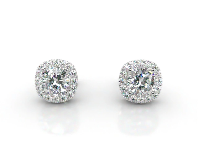 Halo Earrings Cushion-Cut Diamonds 100% Recycled, Hallmarked Platinum