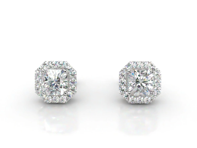 Halo Earrings Radiant-Cut Diamonds 100% Recycled, Hallmarked Platinum