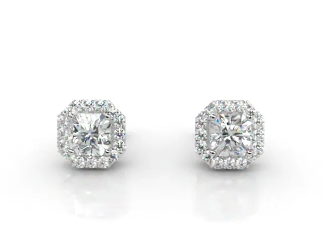 Halo Earrings<br />Radiant-Cut Diamonds<br />100% Recycled, Hallmarked Platinum Halo Earrings<br />Radiant-Cut Diamonds<br />100% Recycled, Hallmarked Platinum