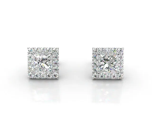 Halo Earrings<br />Princess-Cut Diamonds<br />100% Recycled, Hallmarked 18ct. White Gold Halo Earrings<br />Princess-Cut Diamonds<br />100% Recycled, Hallmarked 18ct. White Gold