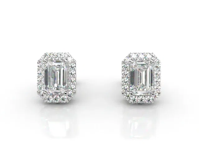 Halo Earrings<br />Emerald-Cut Diamonds<br />100% Recycled, Hallmarked 18ct. White Gold Halo Earrings<br />Emerald-Cut Diamonds<br />100% Recycled, Hallmarked 18ct. White Gold
