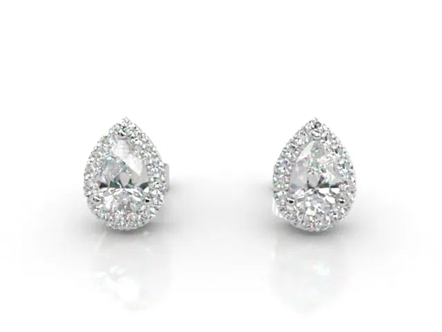 Halo Earrings<br />Pear-Shape Diamonds<br />100% Recycled, Hallmarked 18ct. White Gold Halo Earrings<br />Pear-Shape Diamonds<br />100% Recycled, Hallmarked 18ct. White Gold