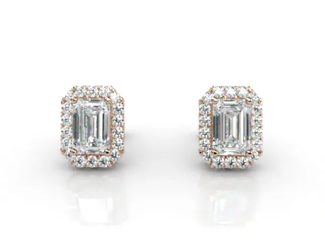 Halo Earrings<br />Emerald-Cut Diamonds<br />100% Recycled, Hallmarked 18ct. Rose Gold Halo Earrings<br />Emerald-Cut Diamonds<br />100% Recycled, Hallmarked 18ct. Rose Gold