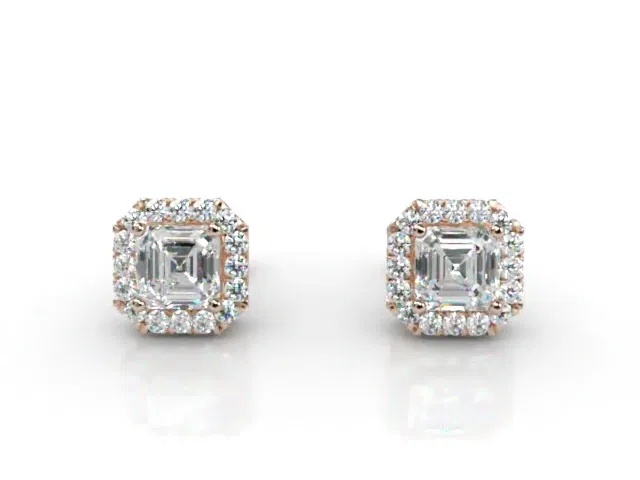 Halo Earrings<br />Asscher-Cut Diamonds<br />100% Recycled, Hallmarked 18ct. Rose Gold Halo Earrings<br />Asscher-Cut Diamonds<br />100% Recycled, Hallmarked 18ct. Rose Gold