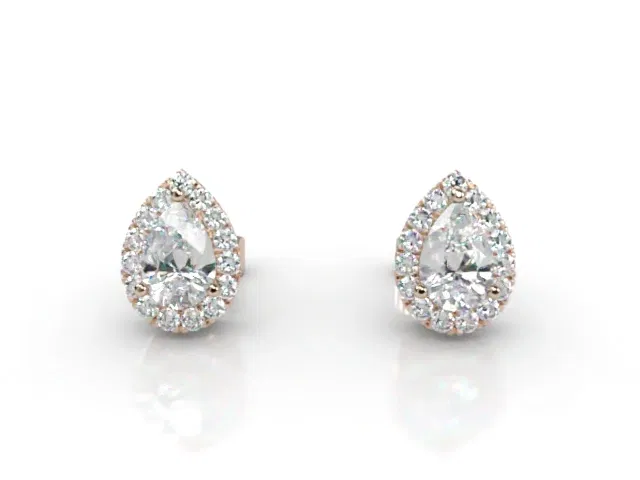Halo Earrings<br />Pear-Shape Diamonds<br />100% Recycled, Hallmarked 18ct. Rose Gold Halo Earrings<br />Pear-Shape Diamonds<br />100% Recycled, Hallmarked 18ct. Rose Gold