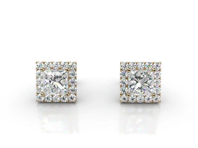 Halo Earrings Princess-Cut Diamonds 100% Recycled, Hallmarked 18ct. Yellow Gold