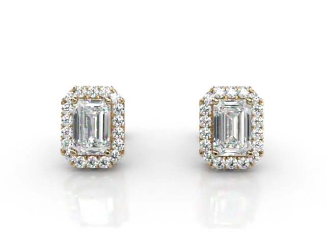 Halo Earrings Emerald-Cut Diamonds 100% Recycled, Hallmarked 18ct. Yellow Gold