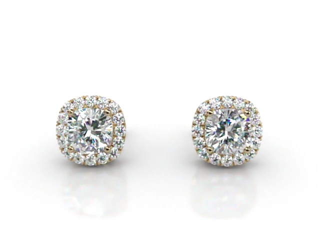 Halo Earrings Cushion-Cut Diamonds 100% Recycled, Hallmarked 18ct. Yellow Gold